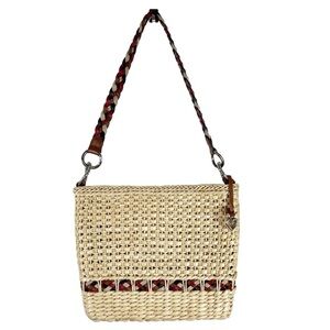 BRIGHTON Raffia Purse With Leather Trim & Braided Leather Strap